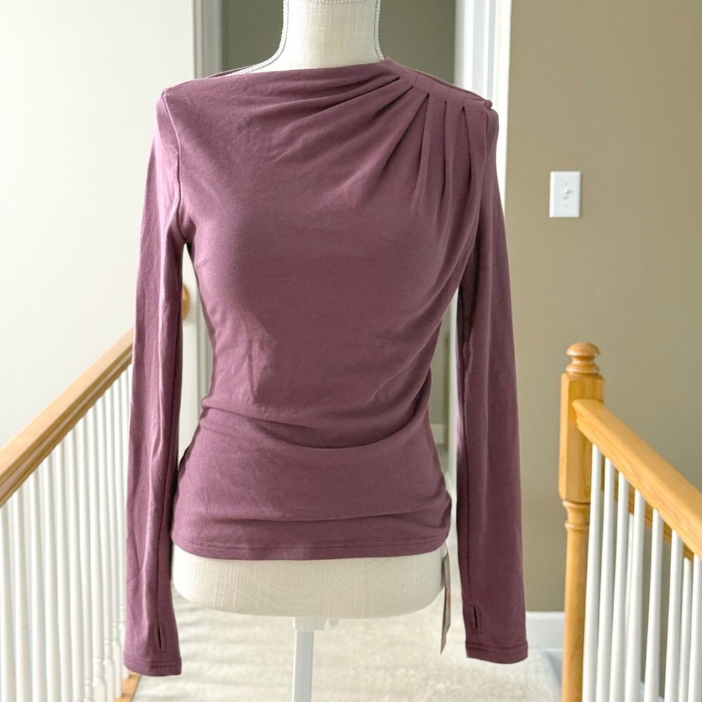 OGL Move Eco-Mousse Pleated Asymmetrical Neck Long Sleeve Top Mauve Medium